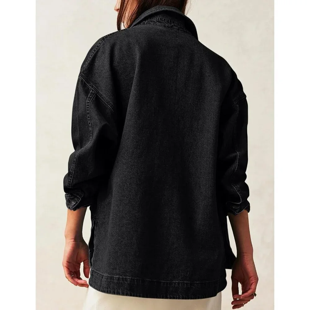 Women Jean Jacket Oversized Shacket Denim Jacket Button Down Boyfriend Black - Picture 4 of 6